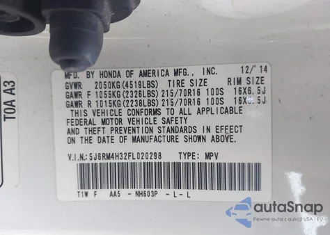 2015 Honda Cr-V Lx из США, поврежденный, VIN 5J6RM4H32FL020298